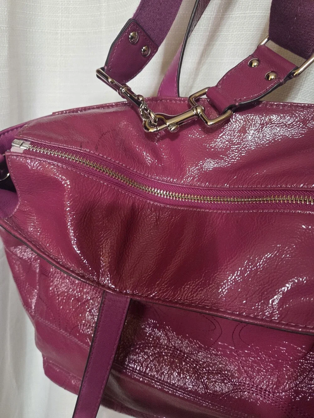 Coach F17940 Signature Fuchsia Baby Diaper Bag Tote Patent Leather